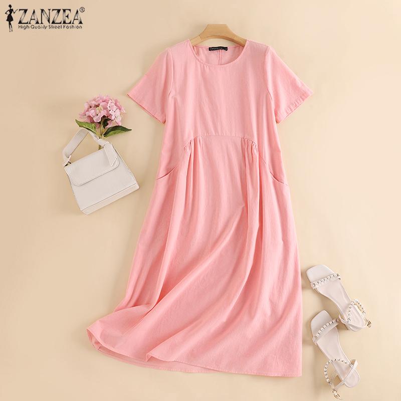

ZANZEA Летнее повседневное свободное хлопковое платье с короткими рукавами