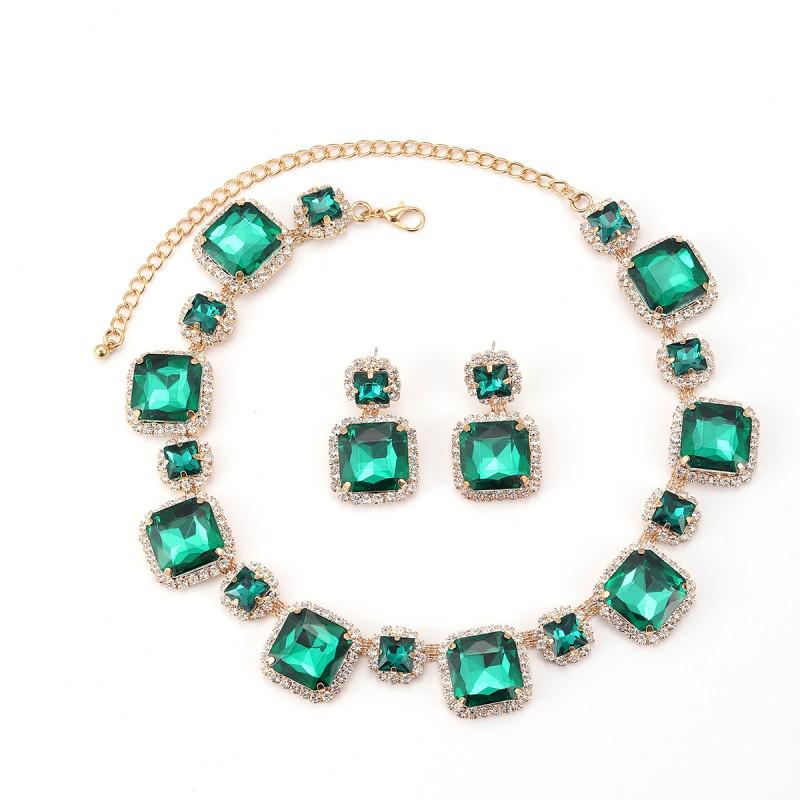 Elegant Green Red White Rhinestone Jewelry Set Women Fashion OL Style Earrings Necklace With Geometric Square Design