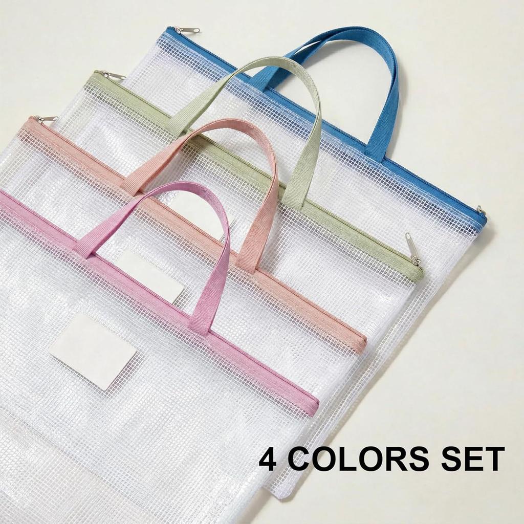 A2 Zipper File Bags Mesh Portfolio Art Supply Bag Water Proof Plastic Folder with Handle for Posters Drawings School