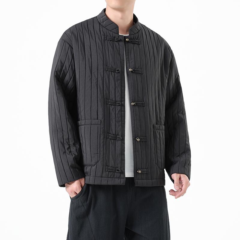 Autumn Men New Chinese Style Jackets Men Thick Warm Soild Color Coat Male Vintage Stripe Black Jacket Man Tang Costume Hanfu