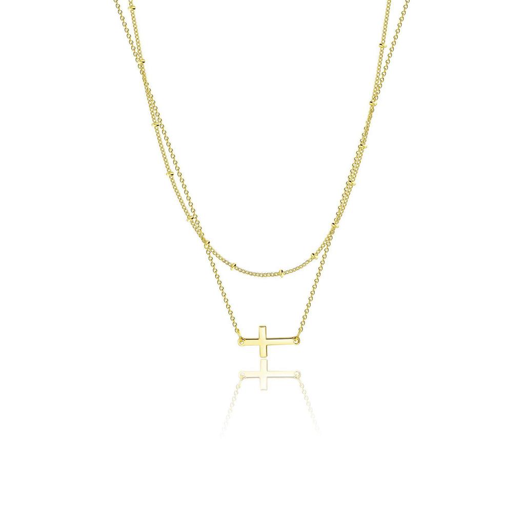 Stainless Steel Double Layer Cross & Bead Necklace for Women