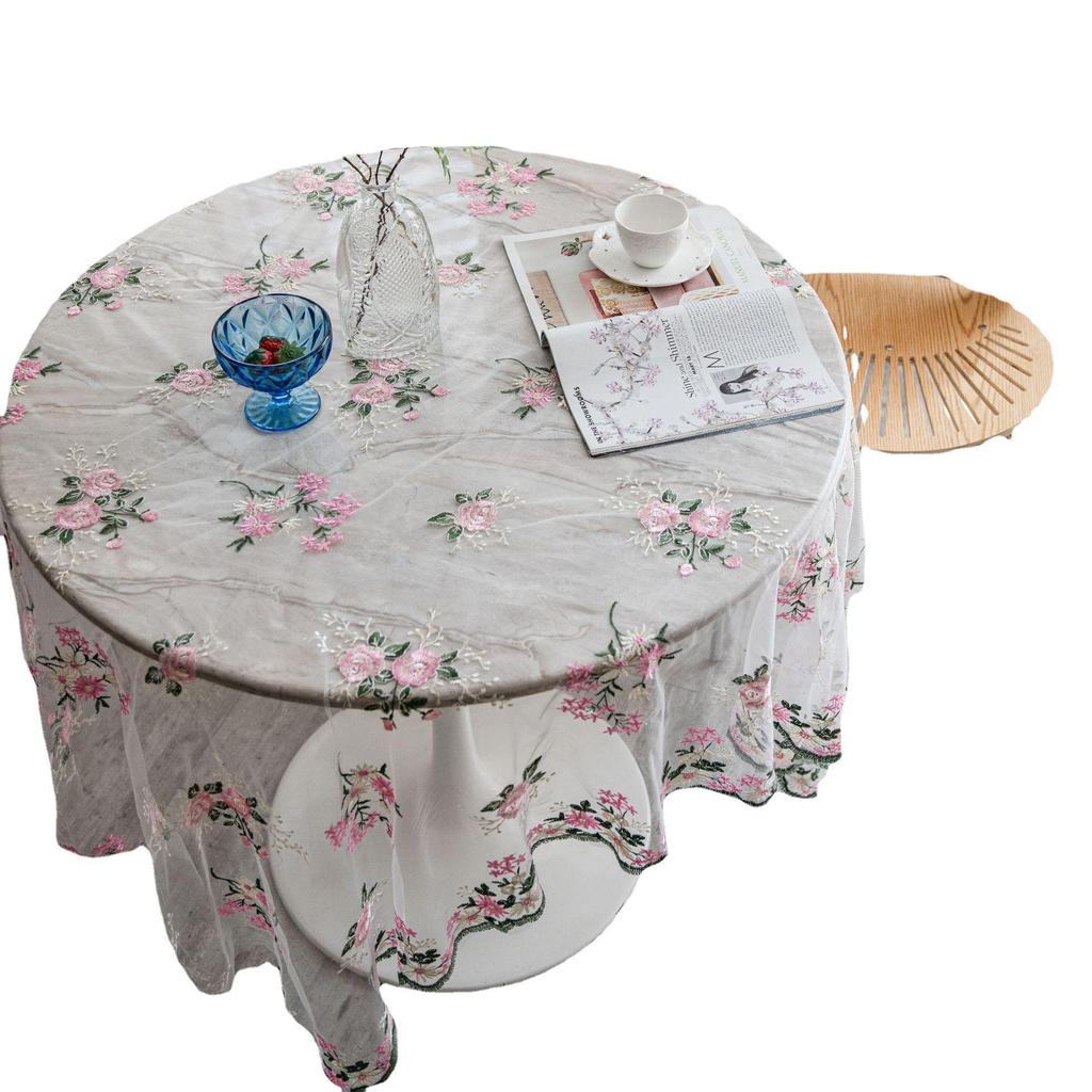 Imanqi Yun Pink Floral Embroidered Tablecloth and Cake Photography Backdrop
