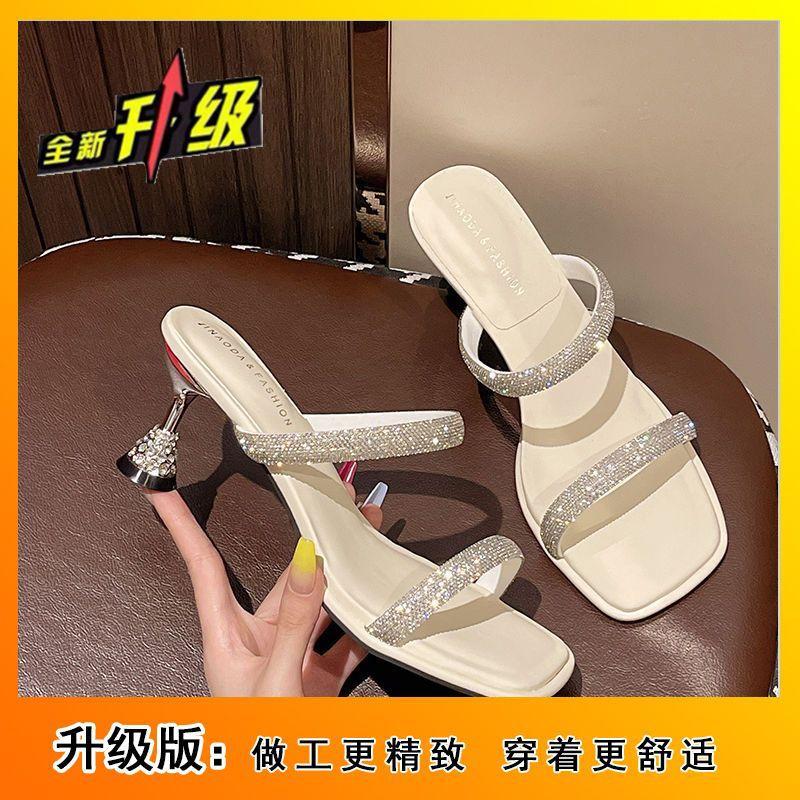 Douyin popular rhinestone high-heeled square head sandals, new open-toed metal thin-heeled one-word sandals in the summer of 2025