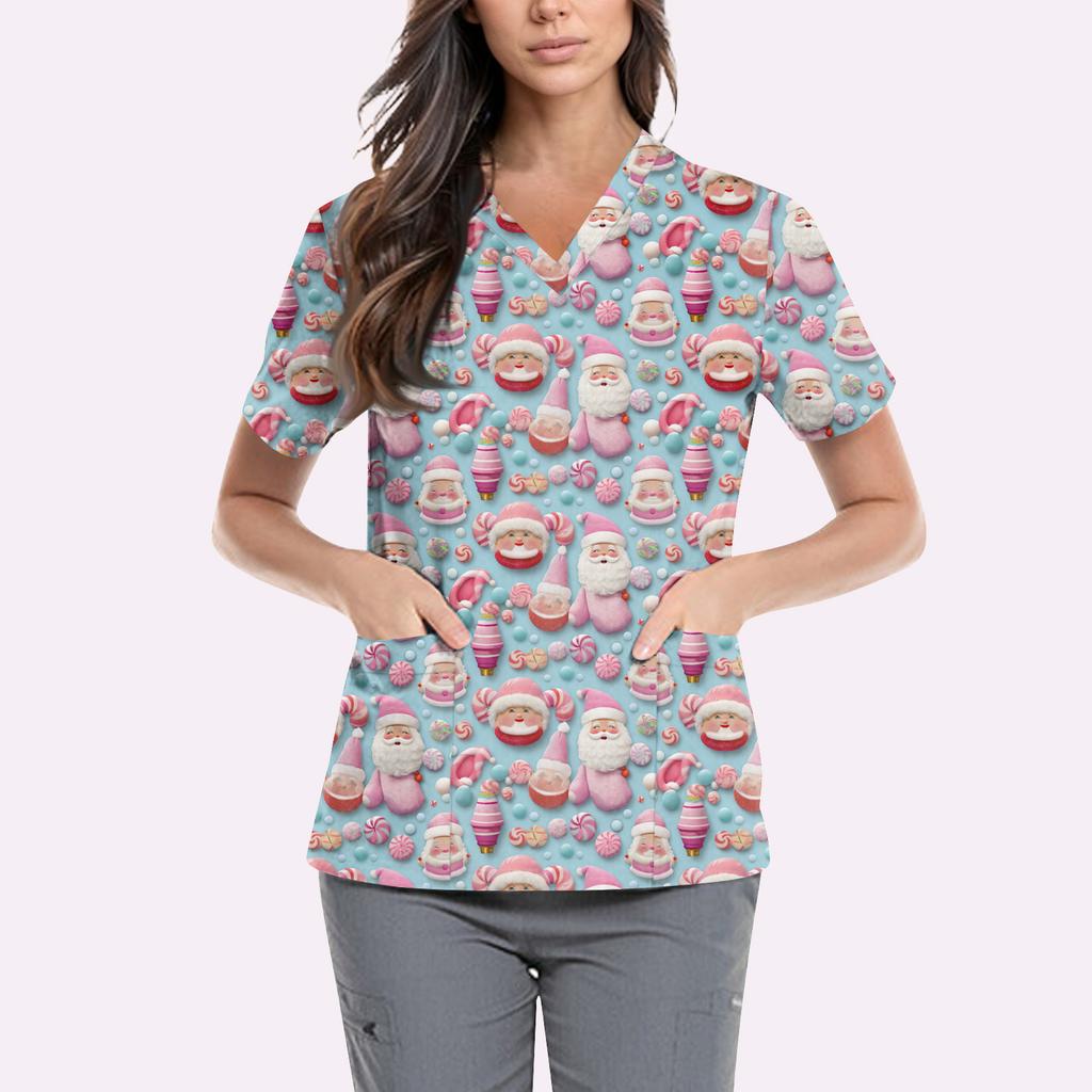 Women's Cute Printed Work Clothes V-neck Double Layer Pockets Basic Short Sleeve Top Pullover Valentines