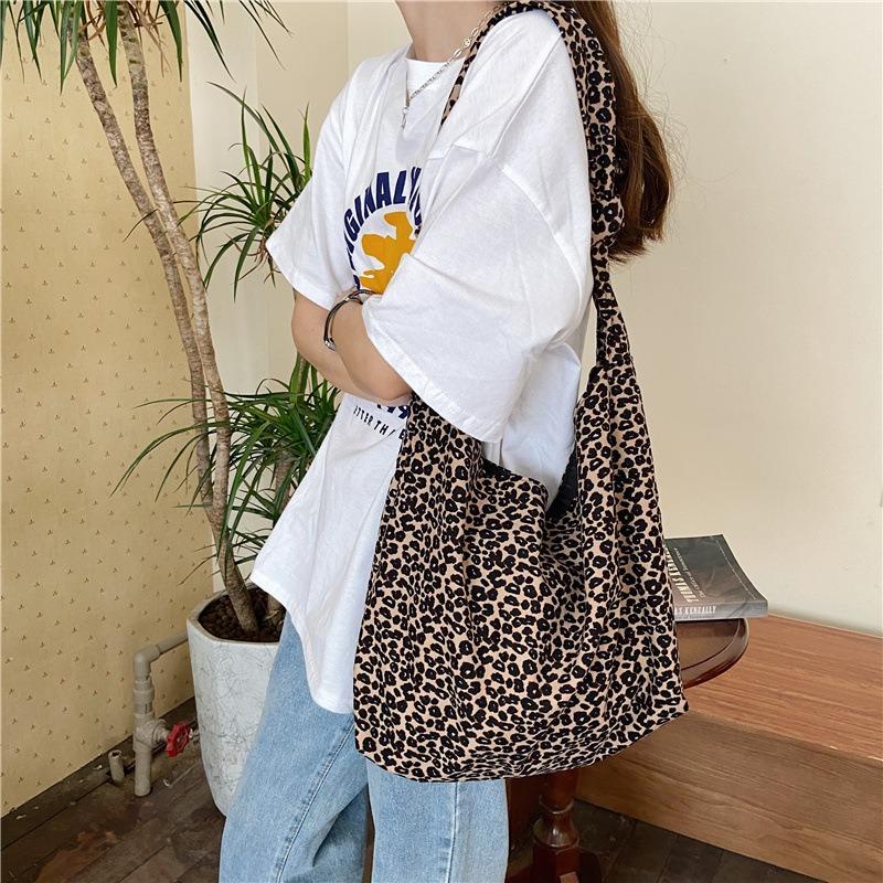 Trendy Leopard Print Buckle Oblique Span Bag Large Capacity Shoulder Shopping Bag Student Canvas Bag Women