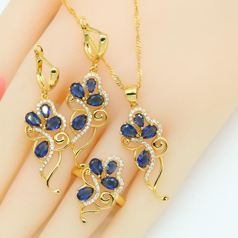 Set di gioielli in zirconia viola color oro per donna Orecchini Collana Ciondolo Anelli Scatola Regalo Colori Nero Bianco Blu