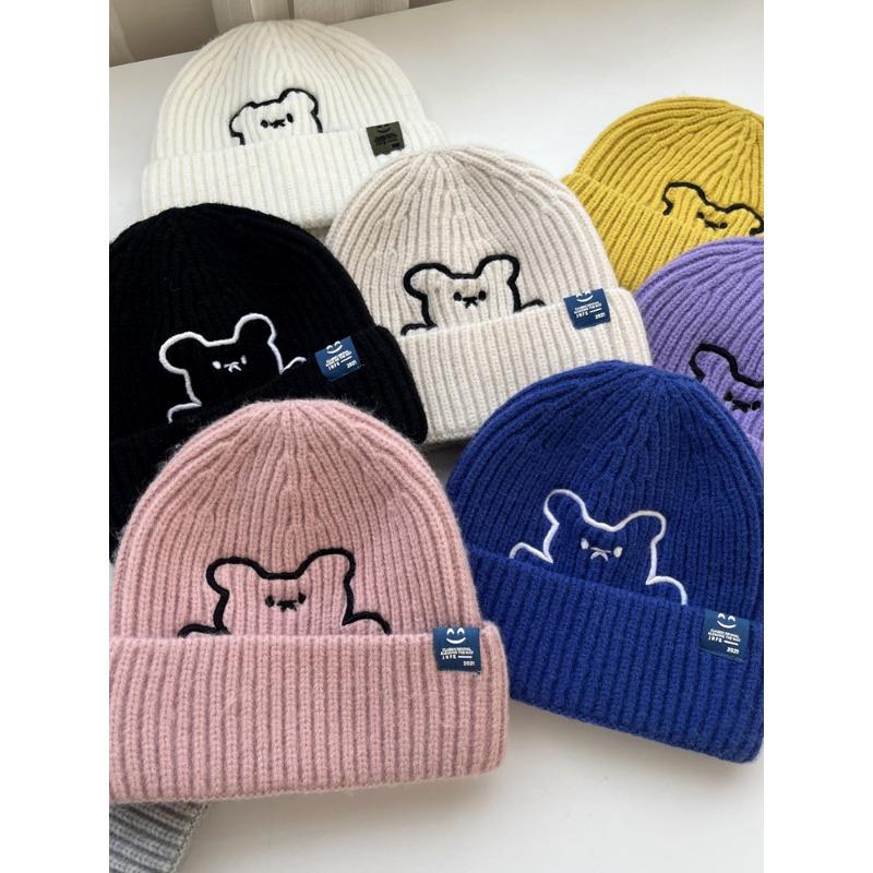Cute Bear Embroidered Wool Hat Female Autumn and Winter College Style Couple Versatile Ear Protector Knitted Hat Male Trend