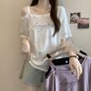 2025 Spring/Summer Plus Size Off-Shoulder Letter Print T-shirt - Women's Trendy Loose Slimming Fashion