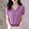 Summer Women's V-neck Knitted T-shirt Top T-shirt Solid Color Top