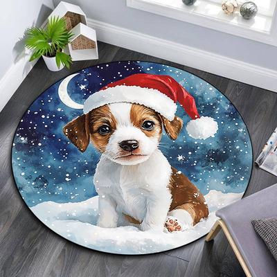 Christmas Puppy Round Area Rug,Carpet Rug for Living Room Bedroom Sofa Playroom Decor,Non-slip Floor Mat
