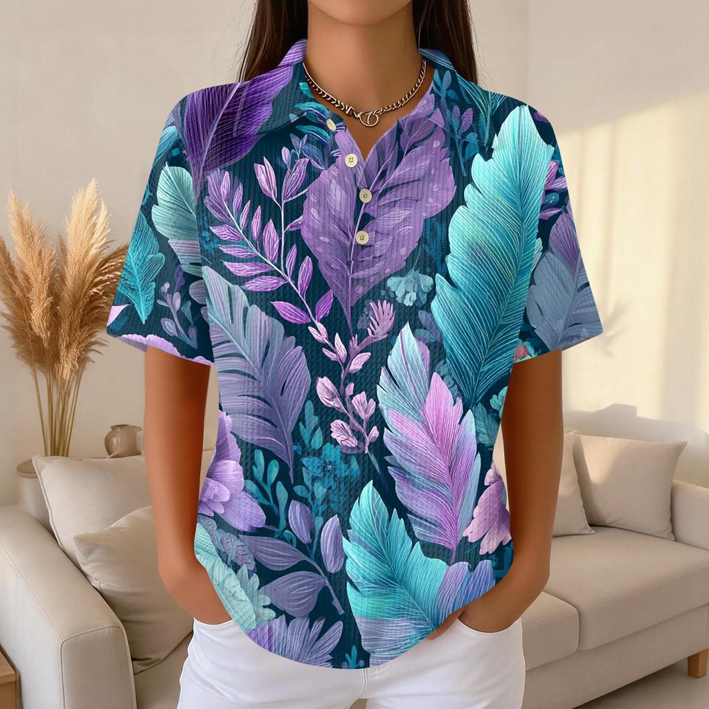 Women's Casual Short Sleeve Waffle Knit Polo Shirt Retro Floral Print Button Down Top Lightweight Breathable Summer Blouse