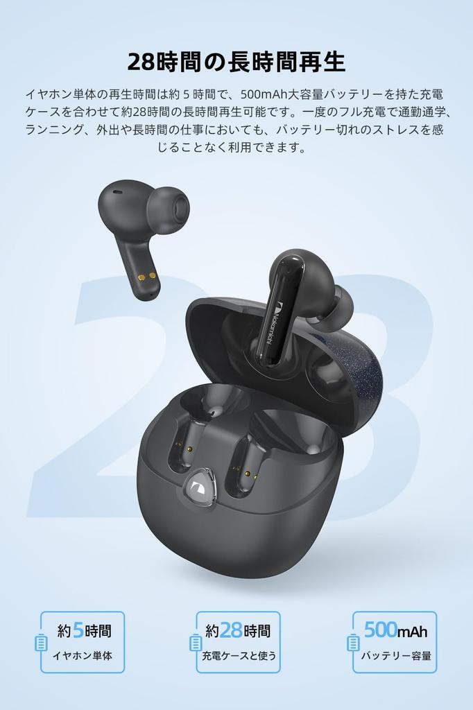 Nakamichi My Music Hue Wireless Bluetooth Three EQ Spatial Up to 28 Hours of Binaural or Single Earphones Lavender Black Earbuds, 5.4, Modes,