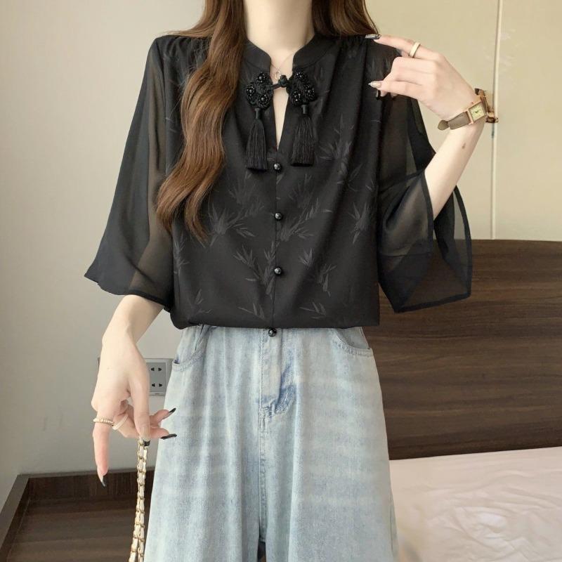 

Elegant New Chinese Style Women s Long Sleeved Shirt Chic Button Design Mid Sleeved T-shirt Floral Print Lady Clothing XXL чёрный