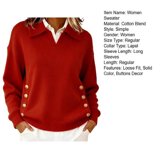 Suéter para Mujer con Solapa de Manga Larga de Corte Holgado de Color Sólido Tejido Tops con Botones Bolsillos Otoño Invierno Pulóver Tops