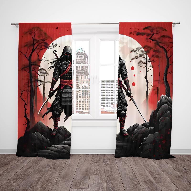 2pcs- Japanese sunset Samurai polyester curtains, pole bag curtains 42*84, bedroom, living room, home room decoration