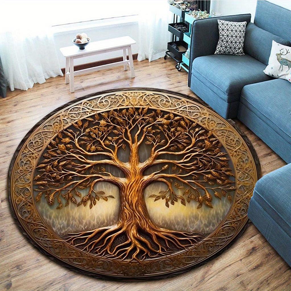 Tappeto Rotondo Albero della Vita - Tappetino Vellutato Antiscivolo con Intricato Design Dorato, Poliestere per Decorazione Soggiorno & Hotel