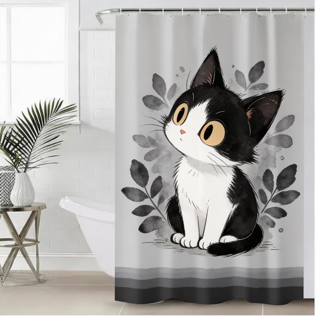 Cute Black Cat Shower Curtain, Waterproof And Mildew-Resistant For Adorable And Whimsical Bathroom Decor, Durable Design