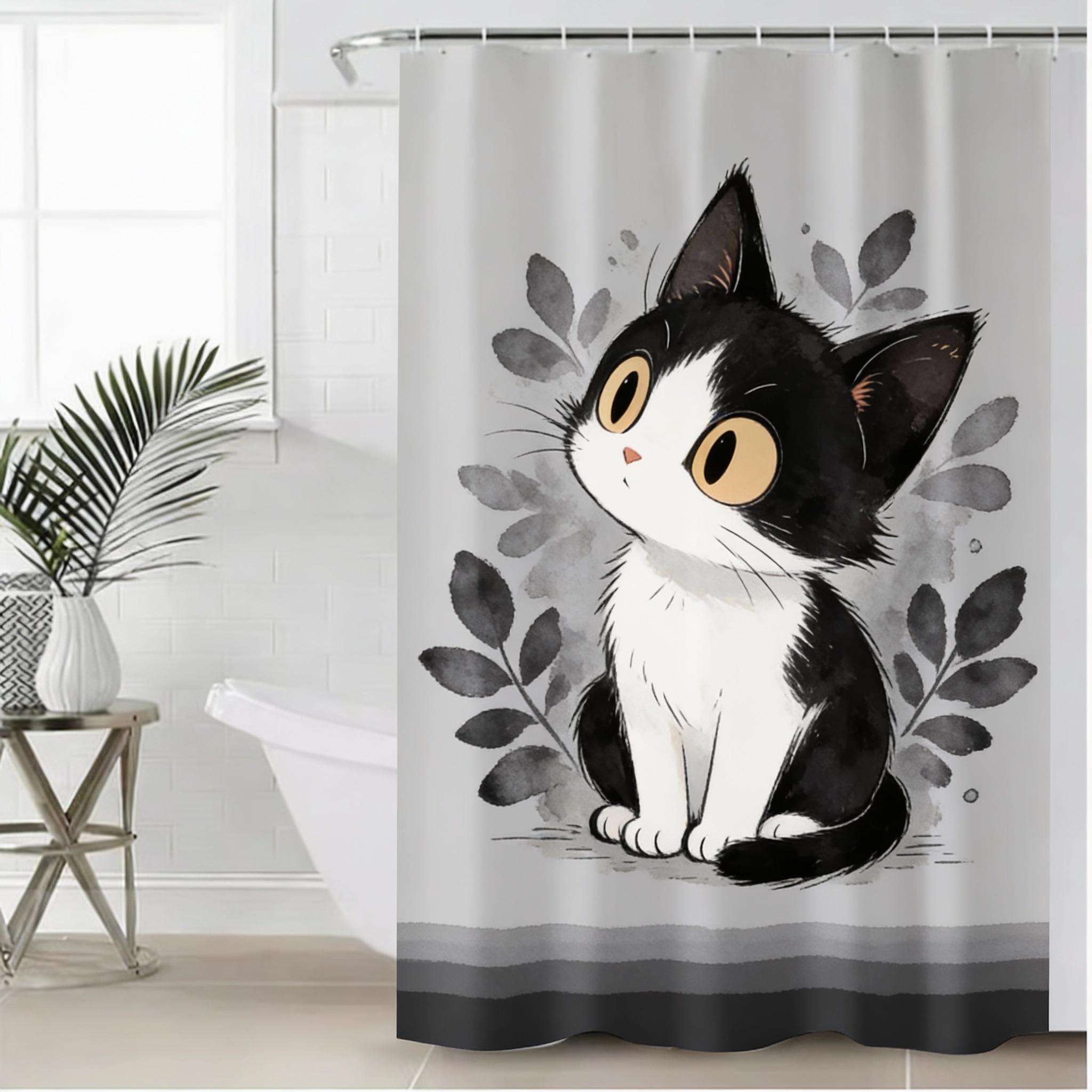 Cute Black Cat Shower Curtain, Waterproof and Mildew-Resistant for Adorable and Whimsical Bathroom Decor, Durable Design 90X180cm(35x70in)