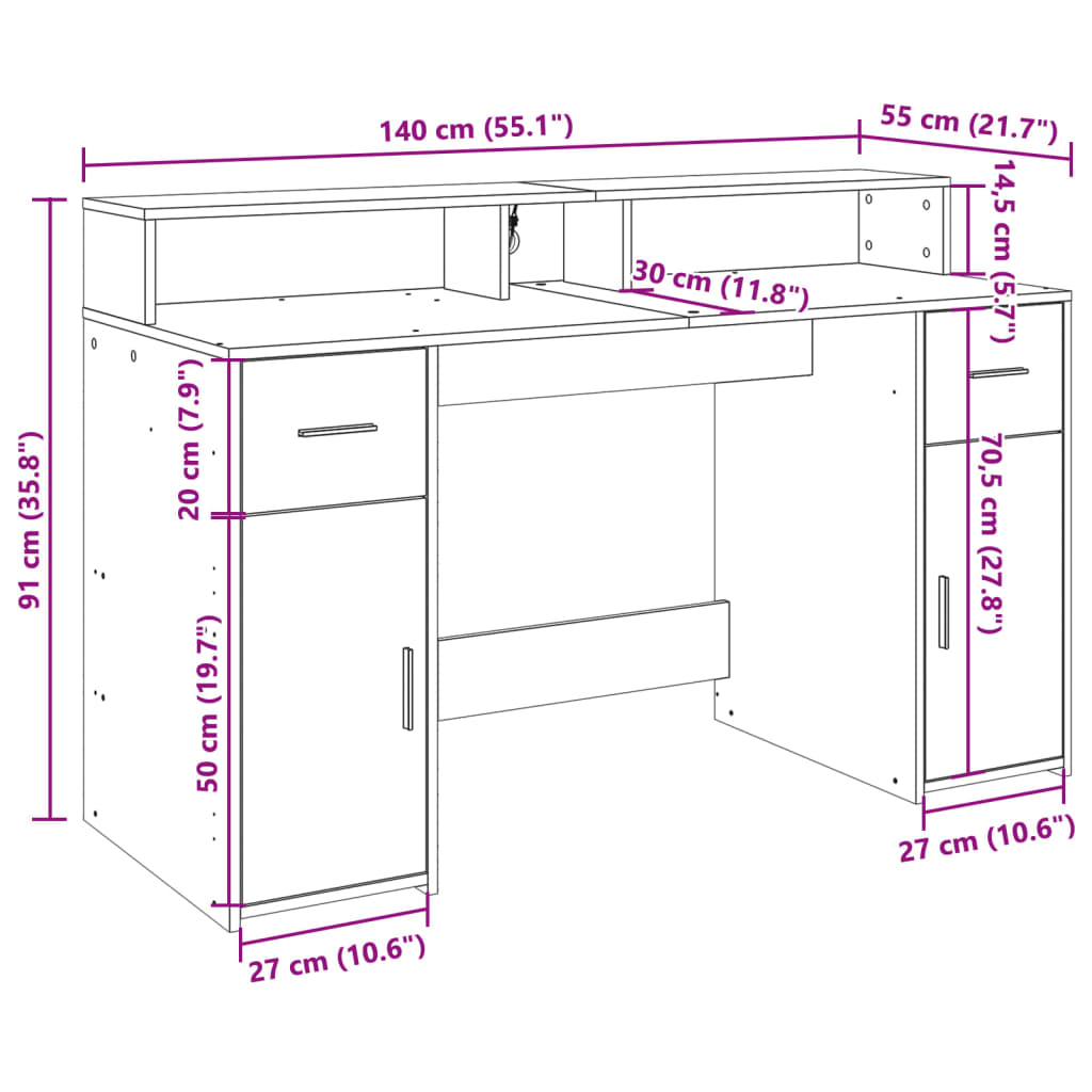 LED Desk Sonoma Oak 140x55x91 cm Particleboard