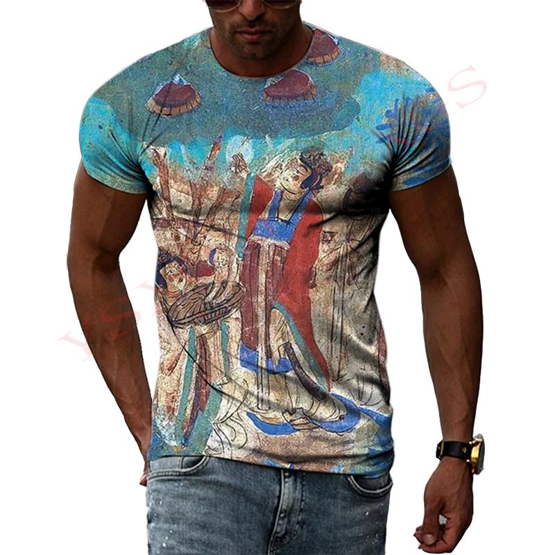 China Dunhuang Mural Graphic Shirt 3D Harajuku Print New Summer Retro Art Casual Short Sleeve Top For Men And Women Personality