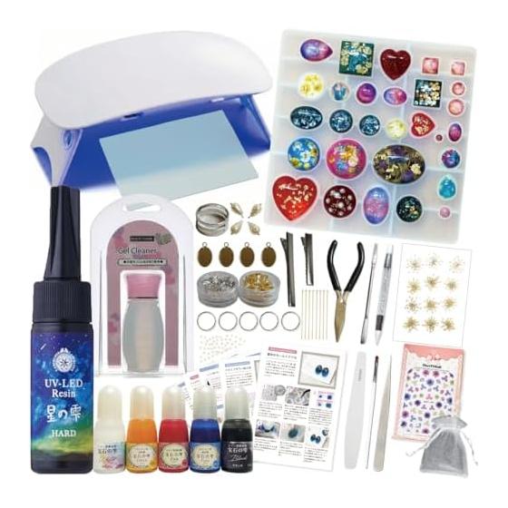 Resin kit for beginners and adults, 25-piece set, Pajico, with UV-LED light, star drop hard 30g, gemstone drop, 5 colors of coloring agent, silicone