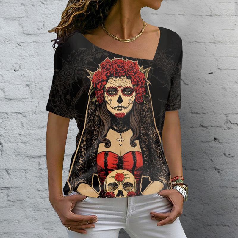 Women's T Shirt Vintage Skull 3D Printed V-neck Blouses Casual Short Sleeve Pullover Tops Summer Oversized Harajuku Clothes Tees