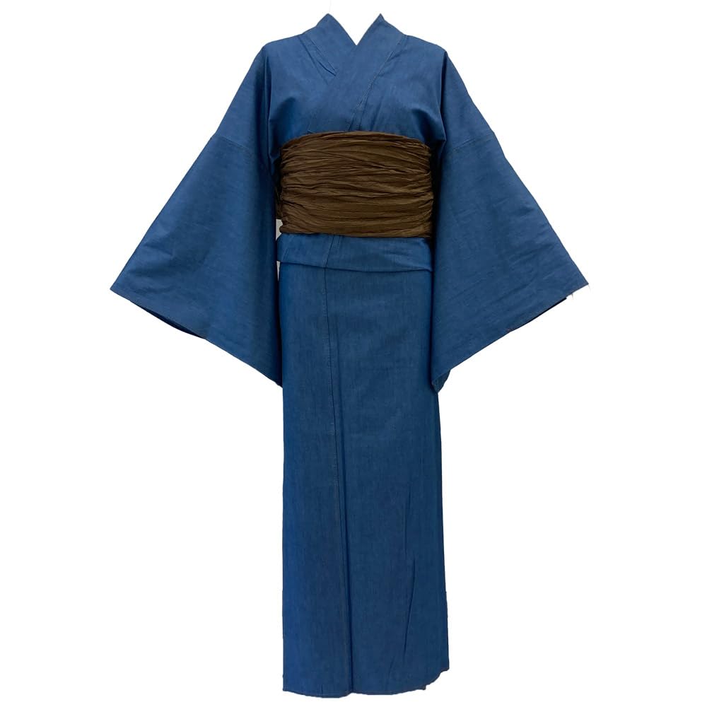 Kyoto Kimono Yuzen Denim Size with Bachi Kimono, Komon, Lightweight, Soft, Washable, Single-Layer Kimono, Ready-to-Wear (Blue, M, Collar)