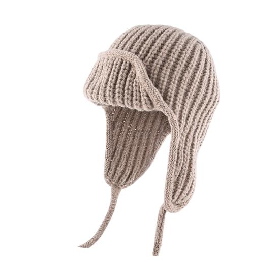 Women Knitting Hat Lace-up Solid Color Ear Protection Winter Elastic Hat Cold Weather Windproof Lei Feng Hat