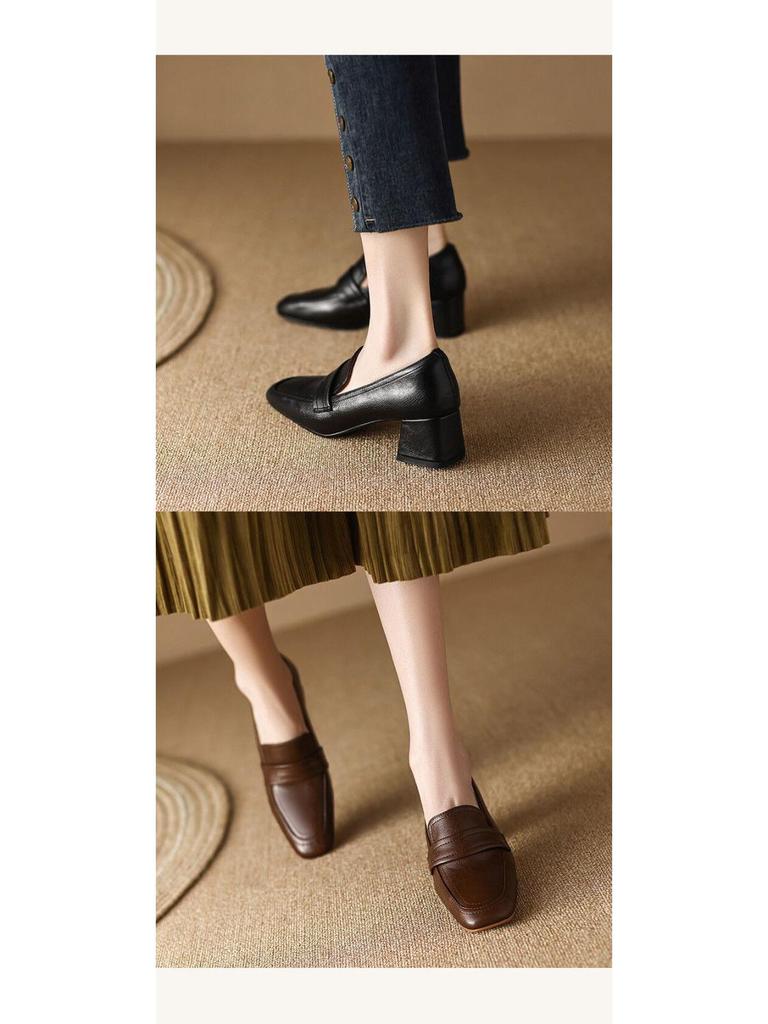 Damen Loafer mit Blockabsatz, Retro, eckige Zehenpartie - Echtes Leder, Ausverkauf, Frühling/Herbst 2025