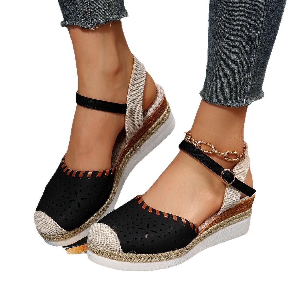 Große Farbabstimmung Tasche Kopf Hinten Leer Sandalen Keilabsatz Leichte Hanfseil Geflochtene Schnalle Plateau-Sandalen