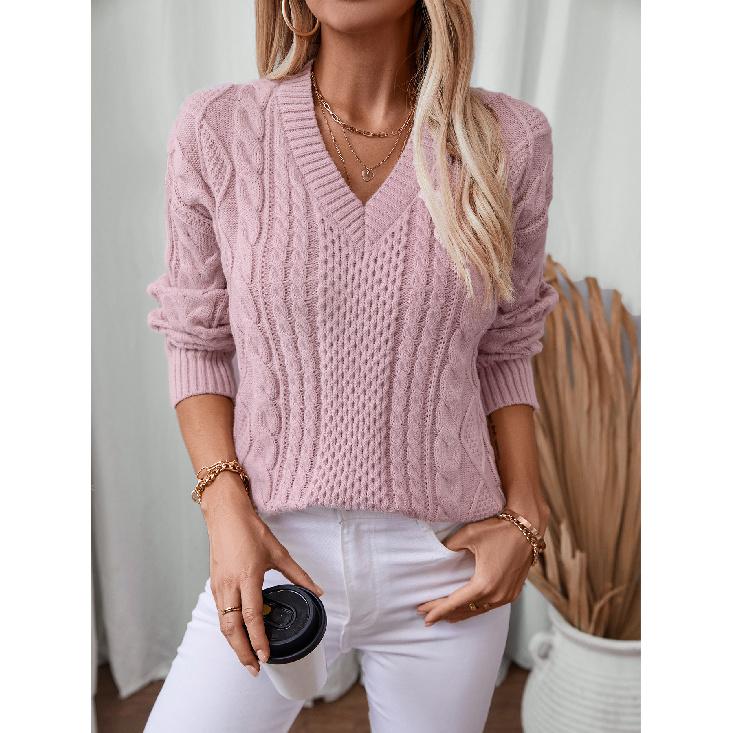 Rose Beauty A V-neck Pullover Women's Knitwear Autumn and Winter New Vintage Twisted Pattern Sweater