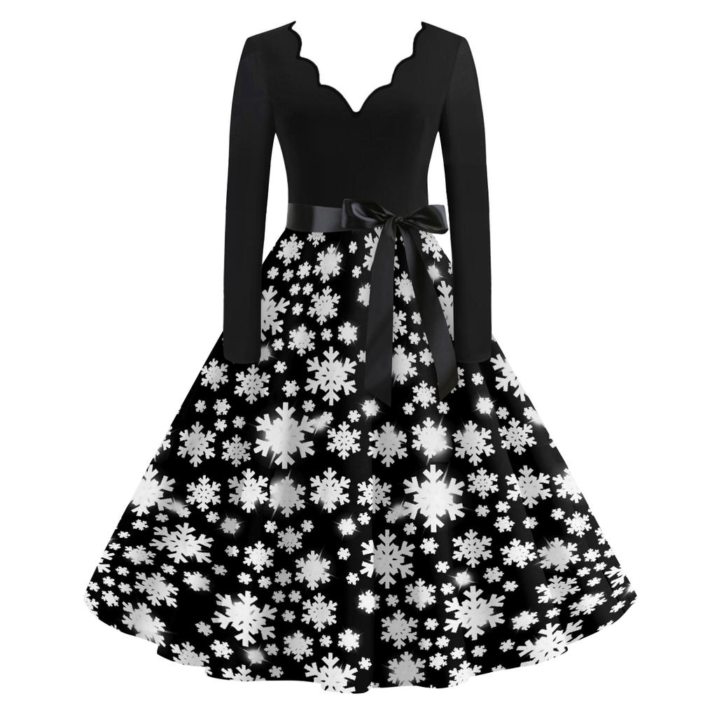 Women's Casual Fashion Long Sleeve Christmas Graphic Printed Vintage Long Dresses