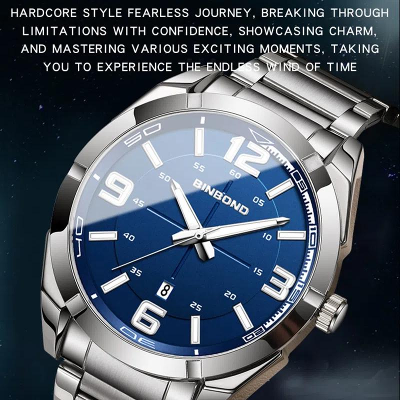 BINBOND Men's Watch Big Digital Fashion Business Waterproof Calendar Night Light Stainless Steel Quartz Men's Watch Men's Gift