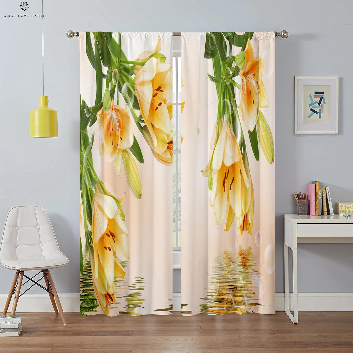 

3D трехмерный принт «Цветы и бабочки» Шторы «Цветы на воде» Спальня Гостиная Кухня Оконные шторы 2 шт. W50xH130(CM)x2PCS&Grommet Top