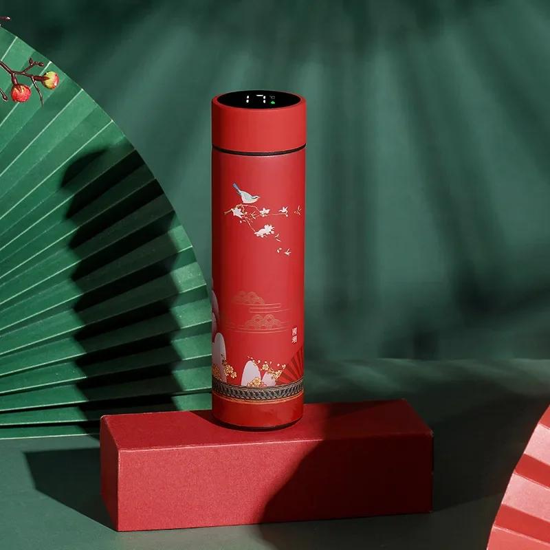 Chinese Style Thermal Cup Vacuum Flask LCD Smart Insulated Thermos Water Bottle 304SUS Tumbler Tea Infuser