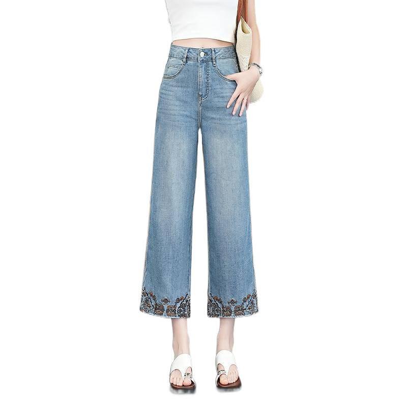 New Chinese style embroidery small wide-leg jeans women's summer high-waisted loose eight-point straight-leg pants