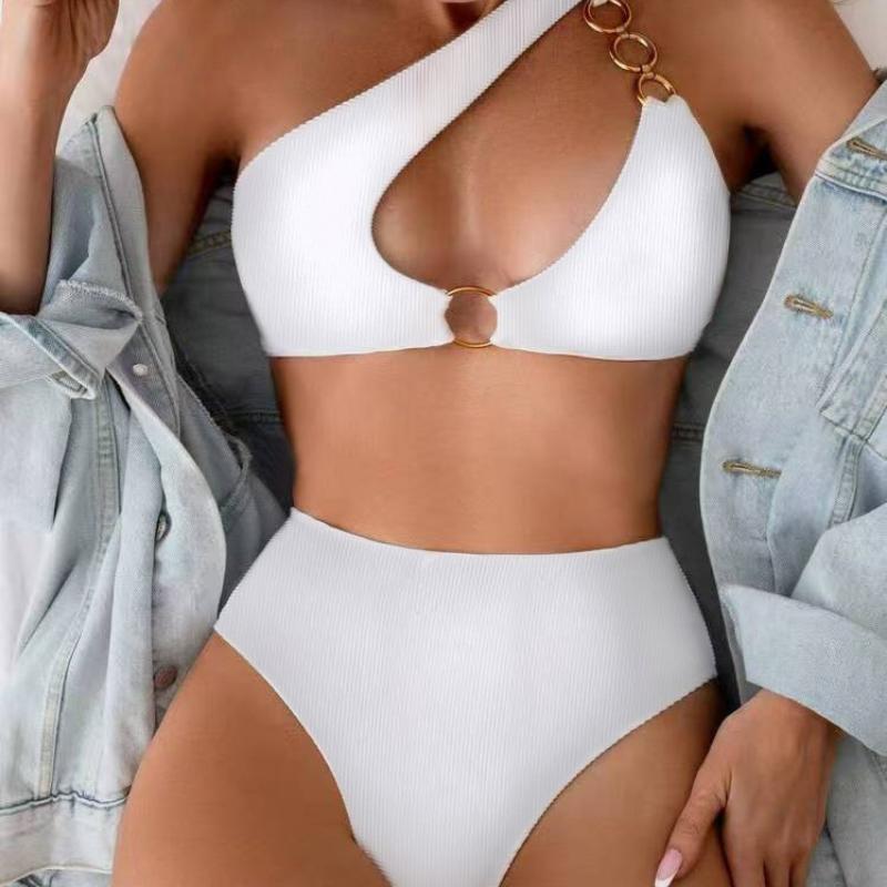 2 Piece Women One Shoulder Bikini Set Gold Ring Cut Out High Waist Solid Color Sexy Push Up Hollow Out Beach Vacation Bathing Suit