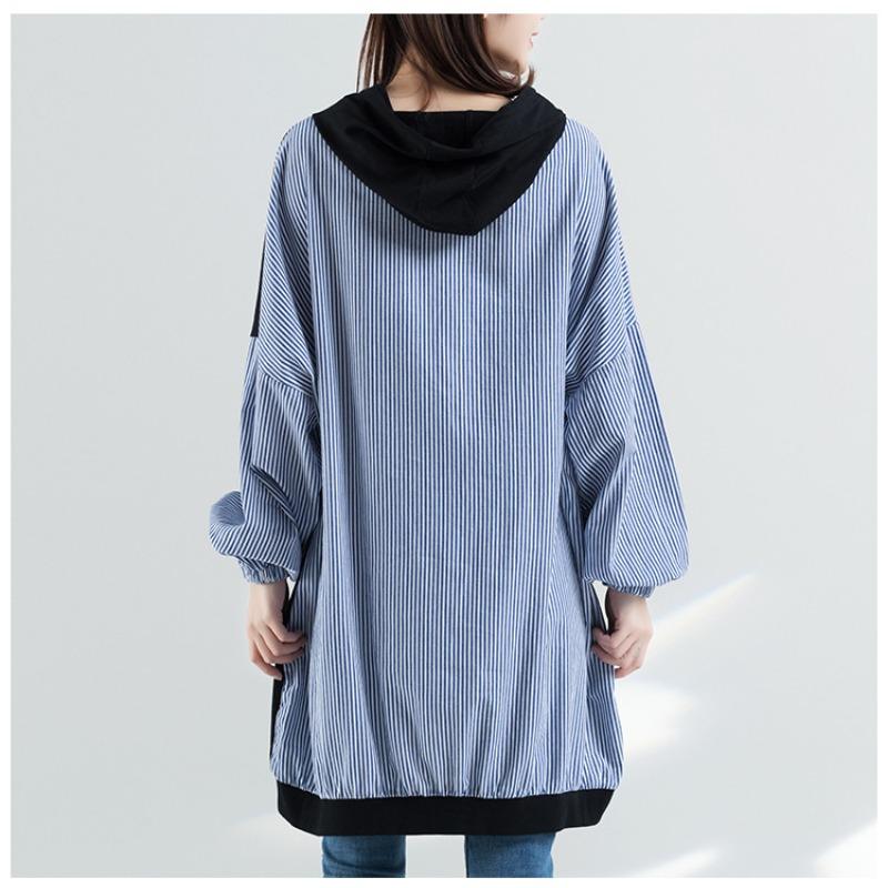 Large Size Women's Top Fashion Artistic Stripes Loose Autumn Casual Long Sleeved Hooded Sweatshirt