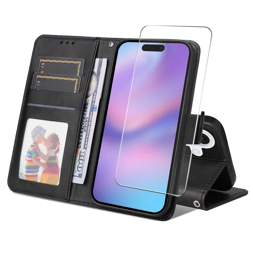 For iPhone 16 Plus PU Leather Wallet Case Phone Stand Cover with Tempered Glass