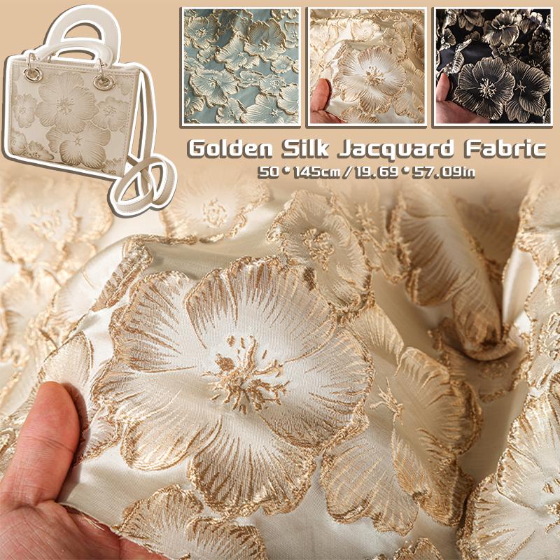 50x145cm Gyllene Silkesblomma 3D Jacquardtyg Präglad Textur Broderi Kinesisk Stil Cheongsam Klänning Sy Material