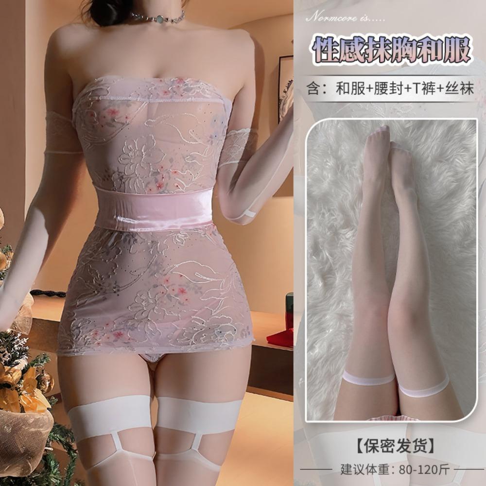 Domila Erotic Underwear Tube Top Embroidery Print Perspective Kimono Set Erotic Underwear Sexy Hip Wrap Uniform