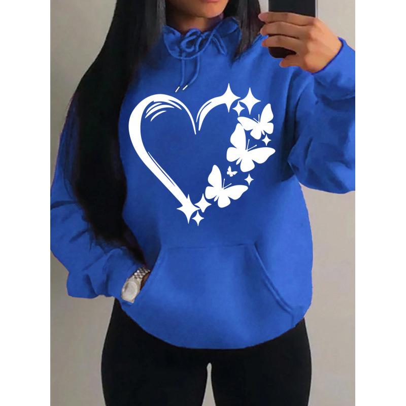European & American Style Love Heart Butterfly Print Women's Hooded Sweatshirt - Trendy Street Style Pullover