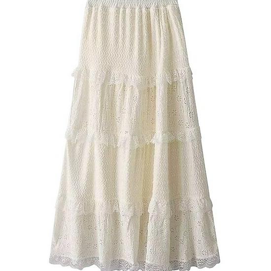 High-Waisted Fleece-Lined Lace Layered Slimming Midi Skirt
