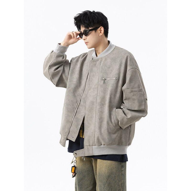 Leather jacket men's spring and autumn tooling jacket short American baseball uniform oversize trendy brand locomotive clothing retro
