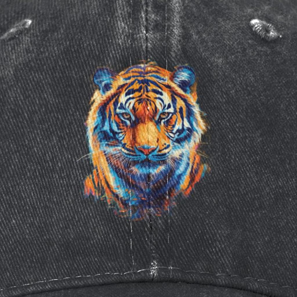 Colorful Tiger Head Graphic Baseball Cap Distressed Washed Denim Outdoor Adjustable Hat Unisex Hat