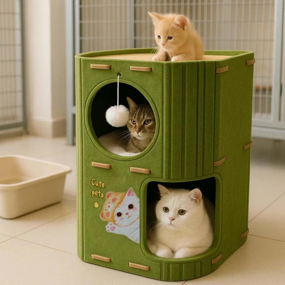 Cat House for Indoor Cats – 2-Tier Cat Condo Cave with Plush Ball, Soft Cushion & Peek Hole – Cozy Kitten Bed and Cat Furniture for Play, Rest & Hide