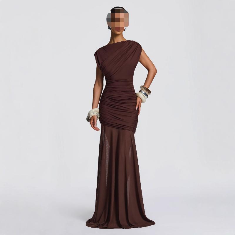 

Европейское и американское атласное платье для женщин на лето, с утягивающим талию и стройнящим эффектом, и длинной юбкой, закрывающей бедра L темный кофе