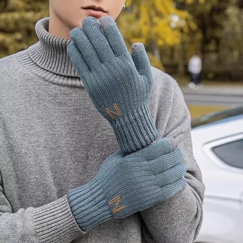 

Knitted wool men s thickened and velvet cycling cold-proof five-finger outdoor windproof