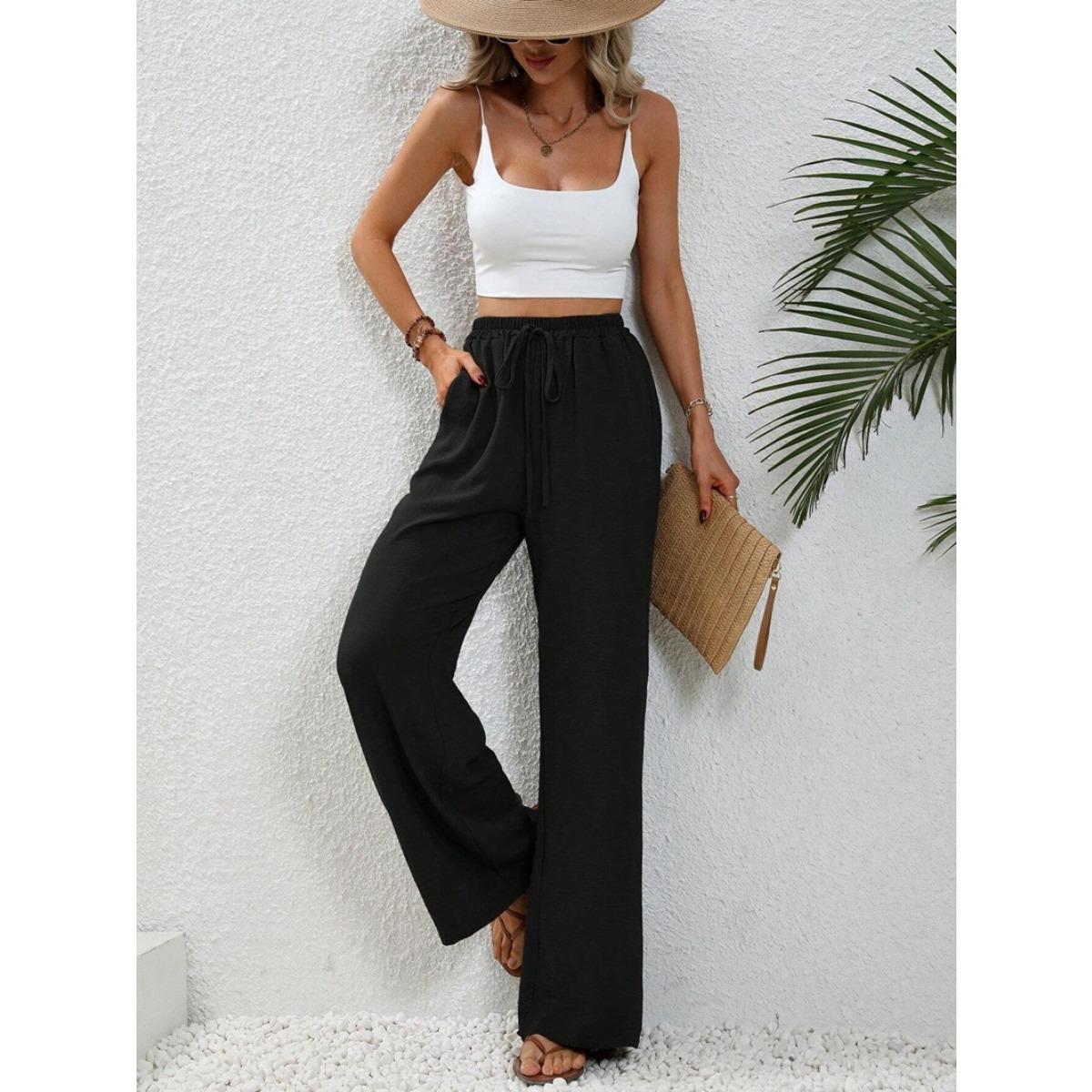 Women s Elastic Drawstring Waist Wide Leg Pants Straight Leg Solid Casual Daily Trousers S