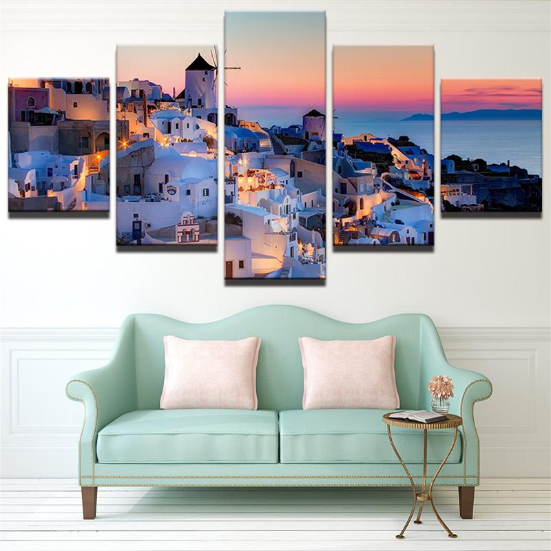 No Framed 5 Pieces Santorini Landscape Abstract Wall Art Canvas HD Print Posters Pictures Paintings Home Decor for Living Room